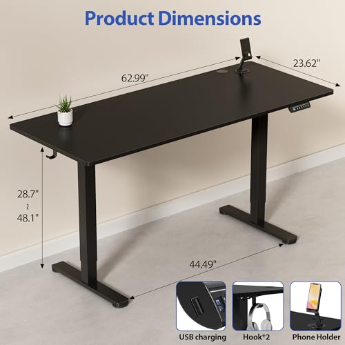 YESHOMY Height Adjustable Electric Standing Desk, 63 x 24 Inches Memory Home Office Sit Stand up Desk with Phone Holder and USB Charging Port, Black YESHOMY