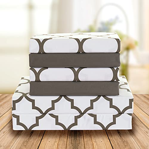 Elegant Comfort 6-Piece Quatrefoil Printed Deep Pocket Bed Sheet Set, Luxurious Silky 1500 Thread Count Bed Sheet Set Ultra Soft Wrinkle Resistant Bedding Set, Full, White Elegant Comfort