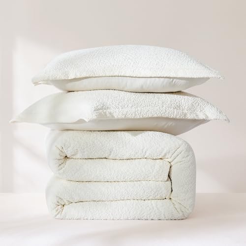 Lush Decor Lotti Boucle Duvet Cover 3 Piece Set King Soft White - White Duvet Cover- Textured Cozy Bedding Set - Modern Minimalist Decor Lush Decor