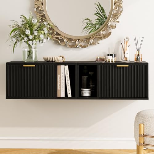 Masupu Floating Nightstand, Wall Mounted Floating Bedside Table with Storage Drawer and Open Shelf, Modern Bedroom Nightstand, 19.3" x 11.4" x 10", Black Masupu