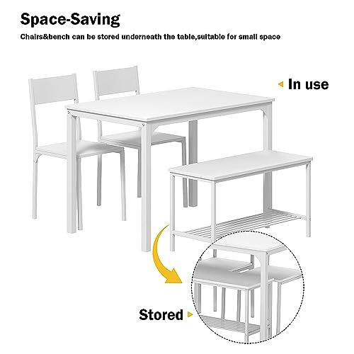 DlandHome 4 Person Dining Table Set, Dining Table with 2 Chairs and 1 Bench,Rectangular Space-Saving Dinner Table with Two Benches for Kitchen DlandHome