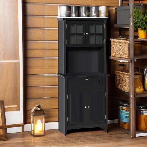 HOMCOM Elegant Buffet with Hutch, Kitchen Pantry Storage Cabinet with Framed Glass Door Drawer and Microwave Space, Black HOMCOM