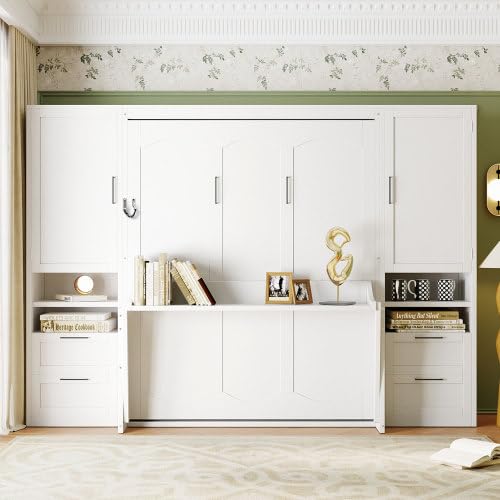 Bellemave Queen Size Murphy Bed with Closet, Wall Bed with Drawers and Shelves, Folding Cabinet Bed with Desk for Home Office, Studio, White Bellemave