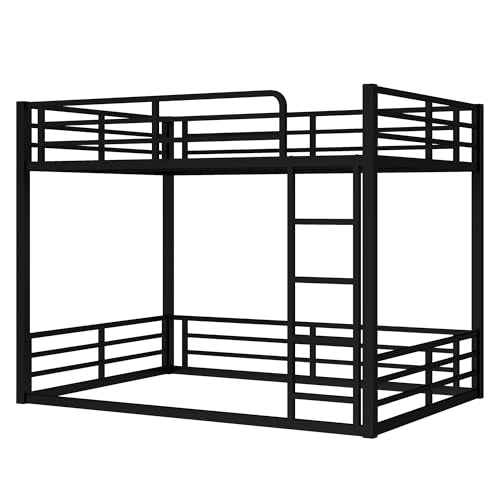 Full Over Full Bunk Bed Frame with Noise Reduced Design, Heavy Buty Floor Bunk Bed with Build in Ladder for Kids, Teens, No Box Spring Needed, Not Include Mattress Bellemave