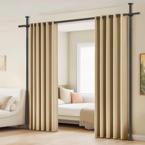 Room Divider Tension Curtain Rods No Drilling Room Separator for Space Partition Adjustable (W) 35-100in×(H) 43-120in, Heavy Duty Temporary Wall Divider Floor to Ceiling Tension Rod, Black, 1 Pack Sovtfides