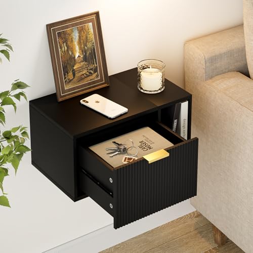 Masupu Floating Nightstand, Wall Mounted Floating Bedside Table with Storage Drawer and Open Shelf, Modern Bedroom Nightstand, 19.3" x 11.4" x 10", Black Masupu