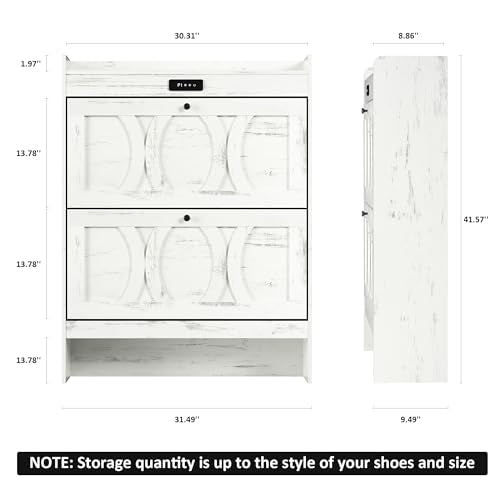 VFF Deodorizing Storage 2 Flip Drawers, LED Touchscreen Freestanding Organizer with Wooden Leg, Narrow Shoe Rack Cabinet for Hallway, Bedroom and Entryway, 31.5 x 9.5 x 41.57 inches, Rustic White VFF