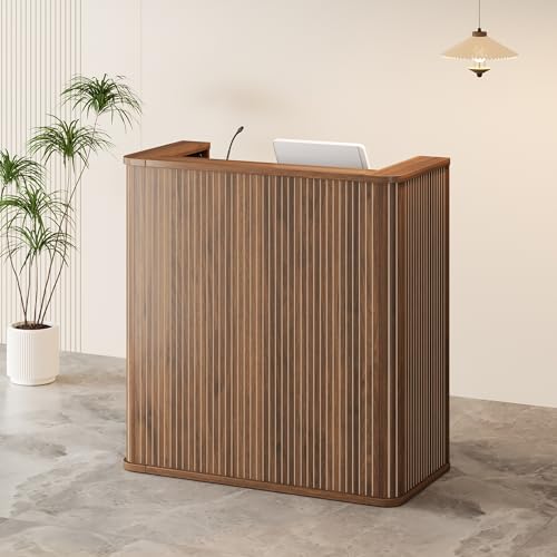 42.1 Inches Reception Desk,Fluted Round Corner Modern Reception Table,Front Counter Table,for Salons, Offices Lobbies Retail Stores and Home Offices (Walnut)