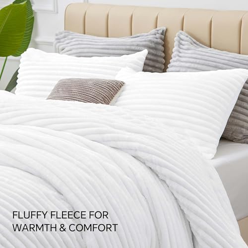 BEDELITE Fleece King Comforter Set -Super Soft & Warm Fluffy Bright White Bedding, Luxury Fuzzy Heavy Bed Set for Winter with 2 Pillow Cases BEDELITE