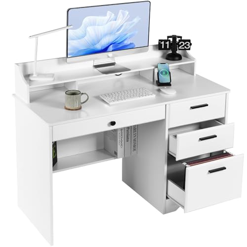 Catrimown Computer Desk with Storage Drawers and Hutch, 44 Inch Home Office Desks with 4 Drawers & Monitor Stand for Small Space, Small White Desk Writing Table Study Desks for Bedroom, White Catrimown