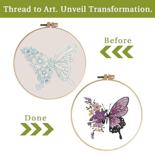 LB Butterfly Embroidery Kit for Beginners Adults, 3 Sets Hand Embroidery Starter Kit with Flower Pattern and Instructions Stamped Cross Stitch Kits Include Embroidery Hoop Needles Threads Scissors