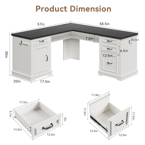 Farmhouse L Shaped Executive Desk with 4 Drawers, Home Office Desk with Hidden Under-Desk Storage Shelf and Charging Station, File Cabinet Storage, Wood Corner Computer Desk for Work(White+Black) Jocoevol