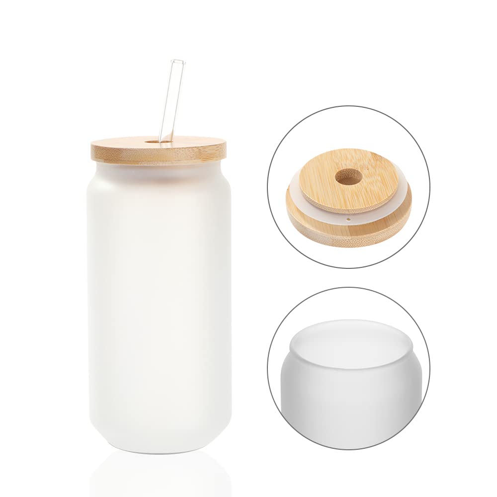 PYD Life Sublimation Glass Cans Blanks Frosted 18 OZ with Bamboo Lid and Clear Glass Straw Beer Cans Wide Mouth Jar Tumbler Cups Mugs for Iced Coffee,Juice,Soda,Drinks,Beer PYD Life