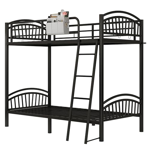 Decofy Twin Bunk Beds Twin Over Twin Industrial Bunkbeds Heavy Duty Metal Bunk Bed with Bedside Caddy, Convertible Ladder&Flat Rungs, Space Saving Bunkbed Frame for Bedroom Dorm, No Box Spring Needed Decofy