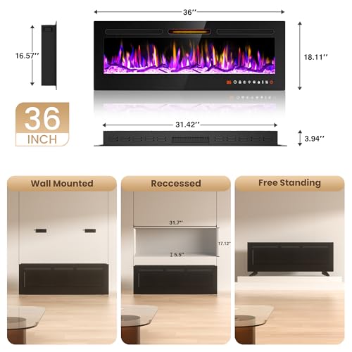 Riseon 36''Smart WiFi Electric Fireplace Heater,Recessed and Wall Mounted Freestanding Linear Fireplace,Ultra-Thin Wall Fireplace with 13 Adjustable Flame Color & 5 Brightness,Remote Control,1500/750W Riseon