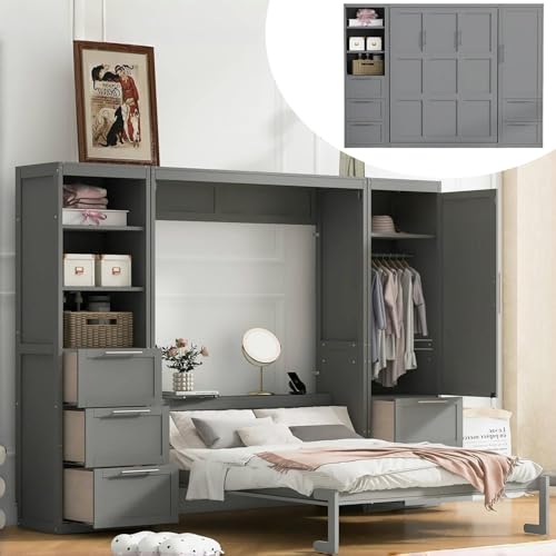 MERITLINE Queen Murphy Bed with Storage Wardrobe Closet,Drawers and Open Shelves,Wood Folding Farmhouse Murphy Wall Bed with Shelves,for Adults (Grey)