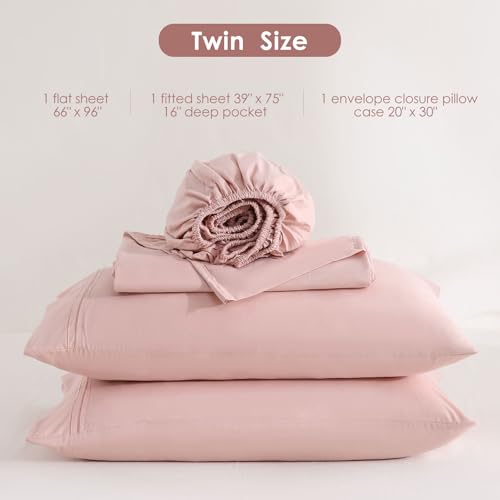 JSD Dusty Pink Twin Sheet Set with Side Pocket Corner Straps, 3 Piece Soft Kids Microfiber Bed Sheets Extra Deep Pocket JSD