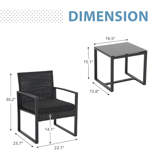 JOIVI 3 Pieces Patio Bistro Set, PE Wicker Outdoor Patio Furniture Set, Modern Rattan Patio Chairs with Coffee Table, Patio Conversation Sets for Balcony, Front Porch, Garden, Poolside, Black Cushions JOIVI