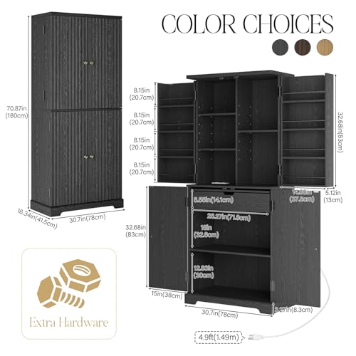 71" Tall Fluted Kitchen Pantry Cabinet, Modern Fluted Pantry Cabinet with Doors, Kitchen Pantrys Storage Cabinets with Drawer and Adjustable Shelves Doors for Dining Room, Living Room, Bathroom Black Generic