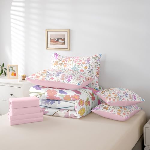 Erosebridal 7 Piece Cute Pink Floral Comforter Set Full with Sheets,Boho Colorful Flower Bedding Set for Kids Girls Women,Bohemian Wildflower Bed Set Rustic Flowers Bed in a Bag with Pillowcases Erosebridal