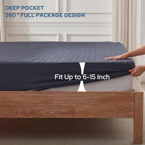 2 Pack Waterproof Mattress Protector, Twin Size Mattress Pad Noiseless with Deep Pocket Fitted for 6"-15", Breathable Dirt-Proof Single Bed Mattress Cover for Bedroom, Dorm Room (Navy Blue) BEDLORE