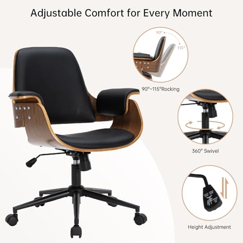 Mid Century Modern Home Office Chair,Ergonomic U-Shape Mid Back Executive Chair,Adjustable Height Swivel Computer Chair with Walnut Finish & PU Leather,Accent Chairs for Study Bedroom Workspace(Black) Soxiar