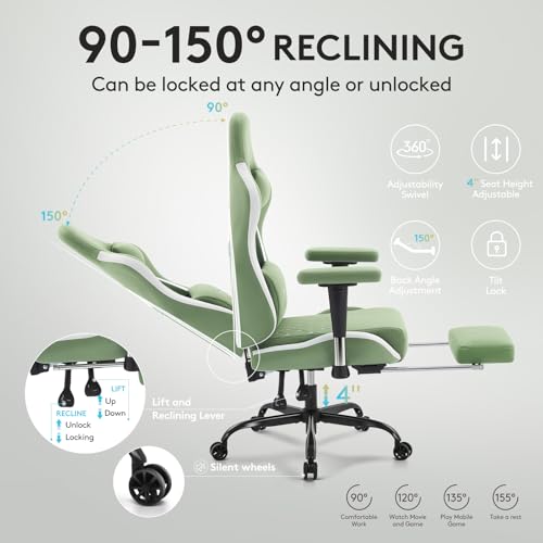 Morkprism Gaming Chair Breathable Fabric,Computer Office Chair with Footrest,Massage Lumbar Support and Gel Pad,Ergonomic Reclining Gamer Chair with Adjustable Armrests and Spring Cushion Green Morkprism