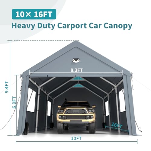 10x16FT Heavy Duty Carport Canopy,Extra Large Portable Car Tent Garage with Roll-up Windows and All-Season Tarp Cover,Removable Roof&Side Wall for Car, SUV,Boats&Truck Shelter Logic Storage Sannwsg