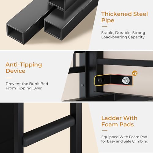 ADORNEVE Bunk Bed Twin Over Twin Size with 8 Storage Drawers, Twin Bunk Beds with Led Lights & Storage Shelves, Metal Loft Bed with 13.4" H Safety Guardrail & Ladder, for Kids & Teens, Black ADORNEVE