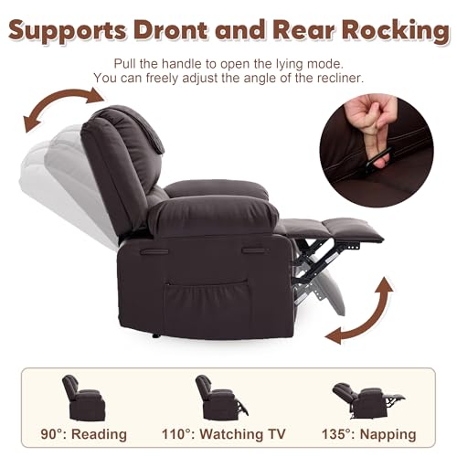 Manual Recliner Chair for Adults - 135° Front & Rear Adjustable, with Heating & Massage, Side Storage Pockets & Remote Control, Ideal for Living Room & Bedroom(Coffee)