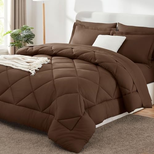 CozyLux Full Size Comforter Sets Brown - 7 Pieces Bed in a Bag Full, Luxury Soft Bed Set for All Seasons, Bedding Set with Down Alternative Comforter, Sheets, Pillowcases & Shams