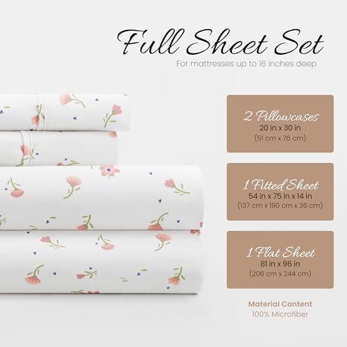 Linen Market Double-Brushed Patterned Microfiber Full Sheet Set 4 Piece – Oeko-TEX Certified Ultra Soft & Wrinkle-Free - 16" Deep Pocket Sheets - Easy Care Full Size - Soft Floral Pink Linen Market