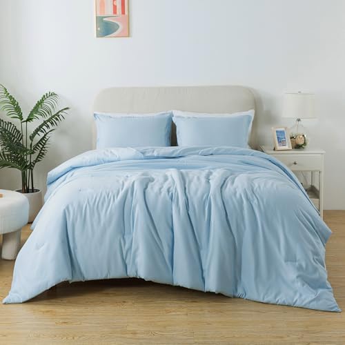 Caressma Light Blue Comforter Set Twin Size, Solid Lightweight Down Alternative Soft Boho Bedding Comforter Set, Breathable Fluffy Microfiber Skin-Friendly Comforter (68"x90") for All Seasons Caressma