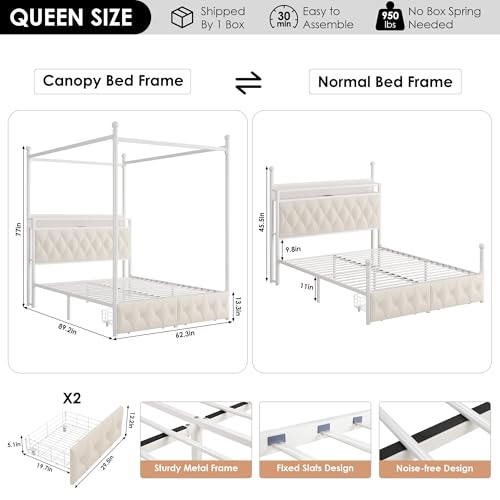 HIFIT Queen Size Upholstered LED Canopy Bed Frame with Storage and Charging Station, Button Tufted Storage Headboard with Bookshelf, Two-Use Metal Platform Bed with 4 Removable Post & 2 Drawers, Biege