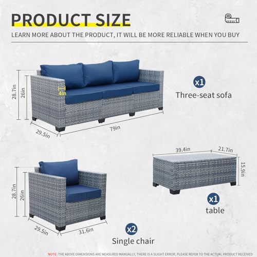 Lviden 4 Piece Wicker Patio Furniture Sets Outdoor Conversation Set PE Rattan Sectional Sofa Couch with Storage Table and Royal Blue Cushions Lviden