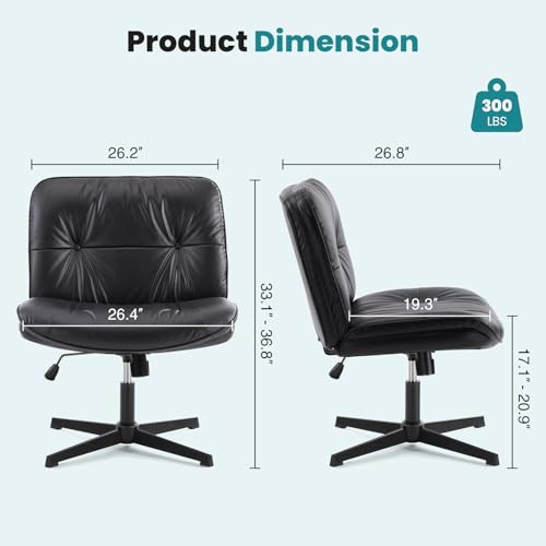 OLIXIS Criss Cross Chair Without Wheels, Cross Legged Office Chair, Armless Wide Vanity Desk Chair with Comfy PU Leather& Back - Swivel for Home Office Bedroom, Black OLIXIS