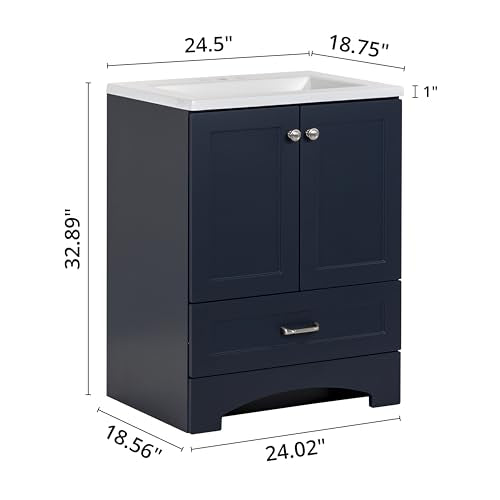 Spring Mill Cabinets Emlyn 24 Inch Bathroom Vanity with White Single Sink Top, 2-Door Cabinet, 1 Drawer, 24.5" W x 18.75" D x 32.89" H, Deep Blue Spring Mill Cabinets