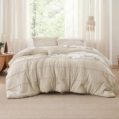 Bedsure Full Comforter Set - 4 Pieces Pinch Pleat Bed Set, Linen Boho Bedding for All Season, 1 Soft Comforter, 2 Pillowcases, 1 Decorative Pillow Bedsure