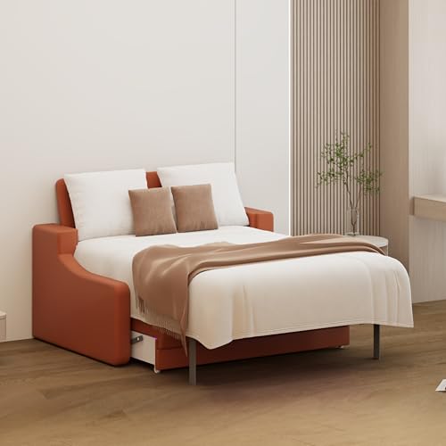 FAVSH Full Size Murphy Bed Cabinet with Loveseat Sofa, White Hidden Beds,Wall Bedframe w/Orange Couch for Bedroom,Space-Saving, Noise Free FAVSH