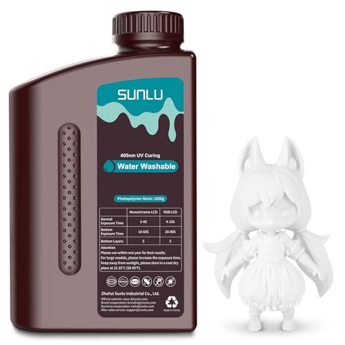SUNLU Water Washable 3D Printer Resin, 1kg Fast Curing 3D Resin for 2K 4K 8K LCD DLP SLA Resin 3D Printer, 395-405nm UV Curing 3D Printing Photopolymer Resin 1000g, Low Shrinkage High Precision, White