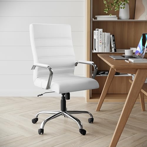 Flash Furniture Whitney High-Back Swivel LeatherSoft Desk Chair with Padded Seat and Armrests, Adjustable Height Padded Office Chair, White/Chrome Flash Furniture