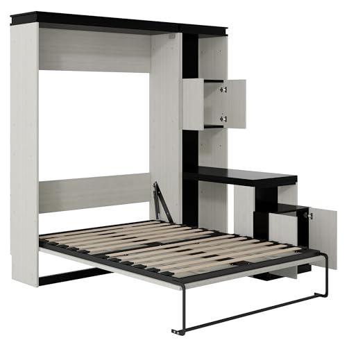 SOFTSEA Full Size Murphy Bed with Desk and Storage Shelves and Cabinets, Black+White SOFTSEA