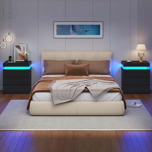 Nightstand with Charging Station and LED Lights, Night Stand with 3 Large Drawers, Bedside Table with Storage, Modern End Side Table, Black Night Stands for Bedroom, Living Room, 23.62" W×26.97" H Gyfimoie
