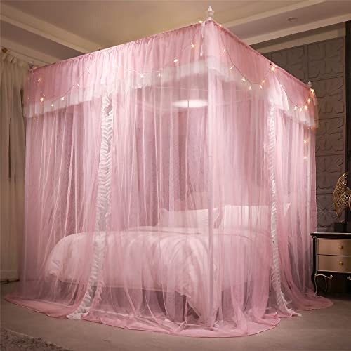 VETHIN 4 Corners Post Ruffle Princess Bed Canopy Curtain-Double Layer Cozy Drape Netting 4 Opening Mosquito Net for Girls Adults Bedroom Decoration (Pink/Whtie, 47" W*78" L*82" H/Twin)