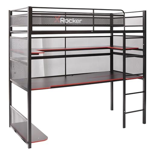X Rocker BattleBunk Twin Size Gaming Bunk Bed, Durable Metal Frame with Built-in Gaming Desk and Shelving, Black and Red X Rocker