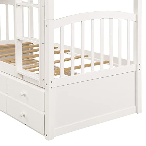 Ball & Cast Twin Size Bunk Bed with Ladder and Safety Rail,Twin-Szie Trundle Wood Bunkbed w/Slat Support & Solid Pine Legs,Space Saving,Bedframe Furniture for Student Dorms,Studio,White Ball & Cast