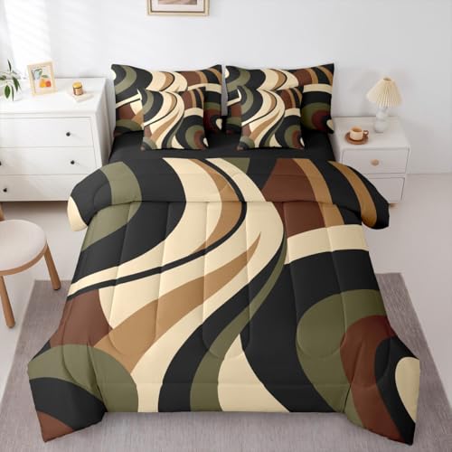Green Brown Spiral King 7-Piece Bedding Set Modern Swirls Stripes Abstract Comforter Set with Sheets for Minimalists Boho Aesthetic Geometric Bed in a Bag Graffiti Art Lines Bedding Sets Erosebridal