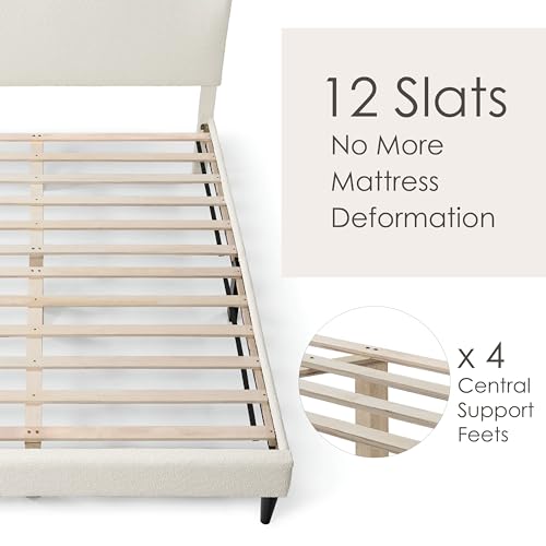 Vivienne Contemporary Boucle Fabric Queen Size Platform Bed Frame with Adjustable Curved Headboard and Solid Wood Legs - White Furniture of America