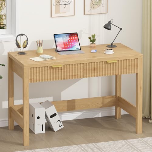 YOMILUVE Fluted Computer Desk with 2 Drawers, 39 Inch Small Computer Desk with Storage, Compact Writing Study Desk for Small Spaces YOMILUVE