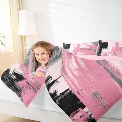 Erosebridal Girls Pink and Black Comforter Set Full Size Girly Abstract Pink Comforter Set for Kids Teens Women Geometric Modern Bedding Sets Minimalists Striped Art Bed Sets for Adults Boys Men Erosebridal
